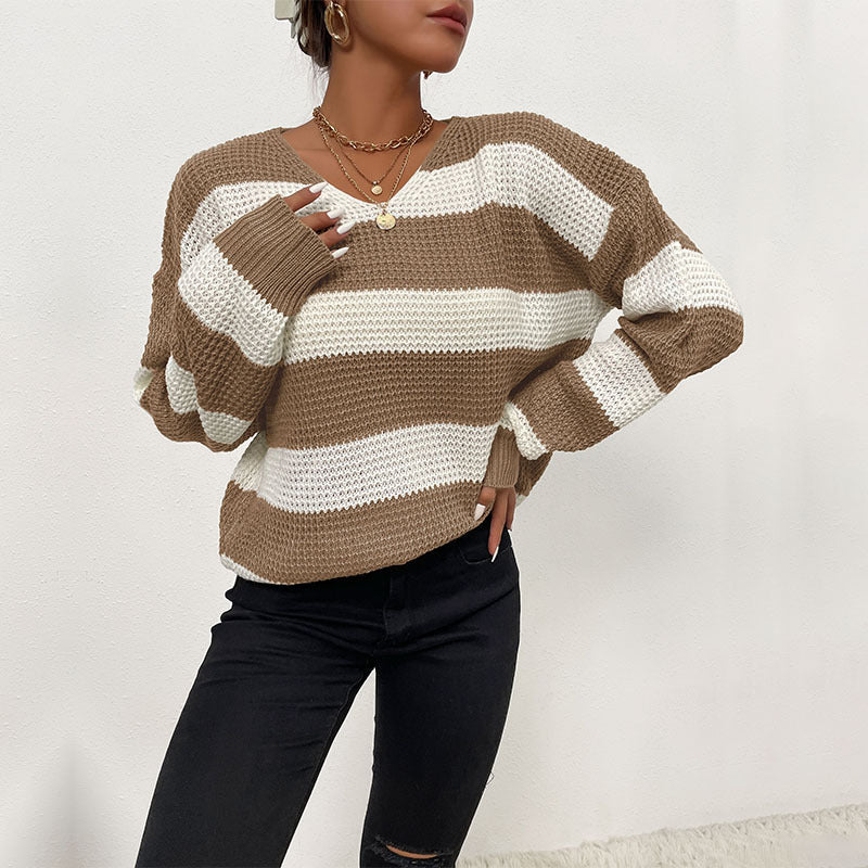 Damen Lässiger Strickpullover mit V-Ausschnitt Drune