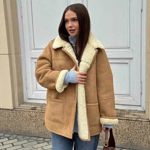 Damen Boxy Lammfell-Optik Mantel mit umgeschlagenem Teddykragen Drune