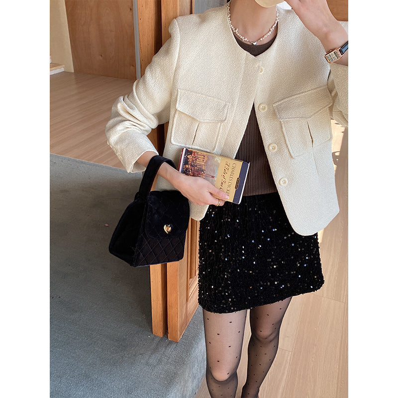 Damen elegante Kurzjacke mit praktischen aufgesetzten Taschen Drune