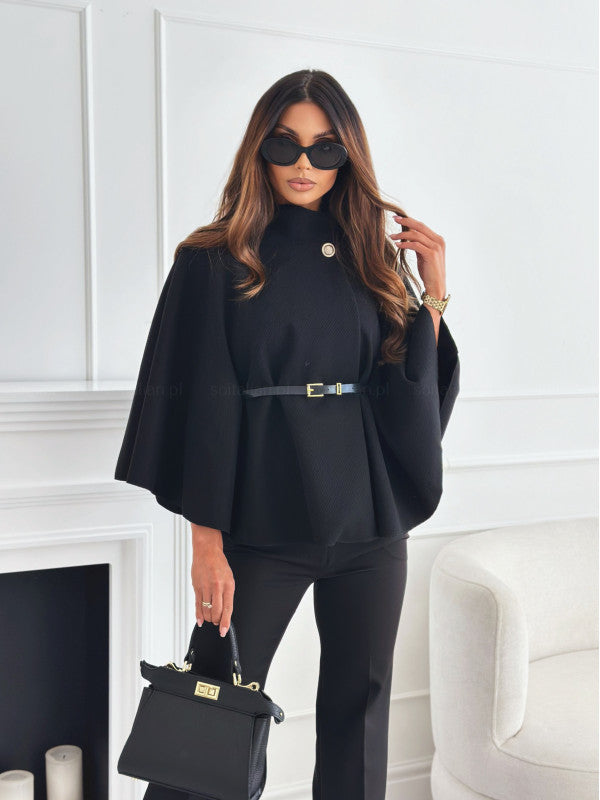 Damen elegante Poncho-Bluse mit Gürtel und modischem Revers Drune