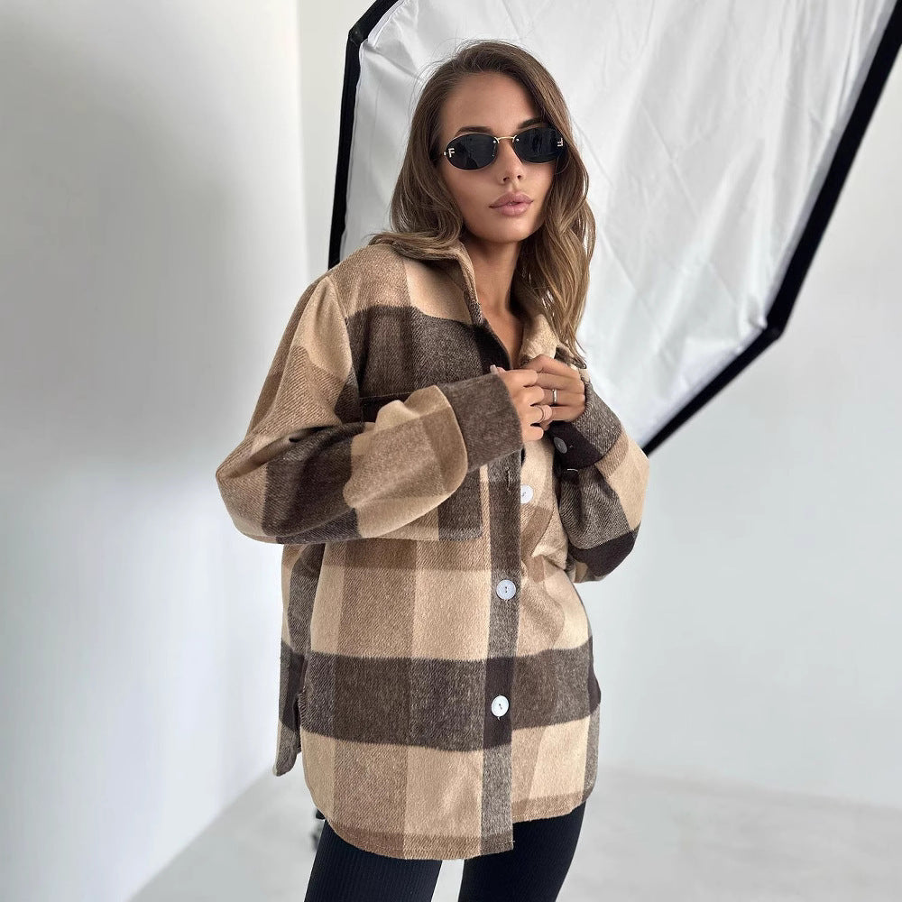 Damen Karierter Overshirt im Shacket-Stil mit Saumtaschen und Knopfverschluss Drune