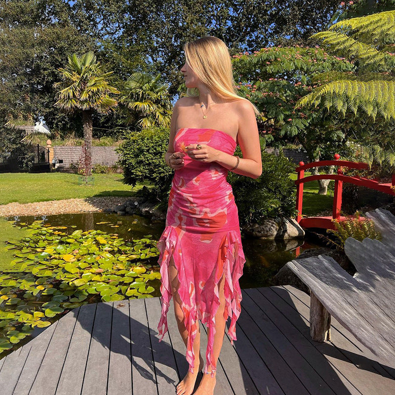 Damen elegantes Rüschenkleid mit trägerlosem Oberteil und asymmetrischem Saum Drune
