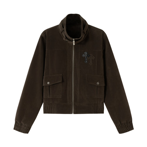 Herren Kurzblouson aus Veloursoptik mit Funnelkragen, Cargo‑Pattentaschen und Zierkreuz-Applikation Drune