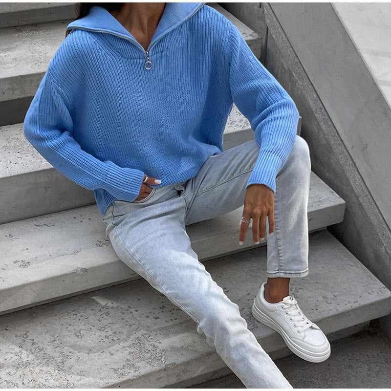 Damen Hochwertiger Pullover mit modernem Kragen und Reißverschluss Drune