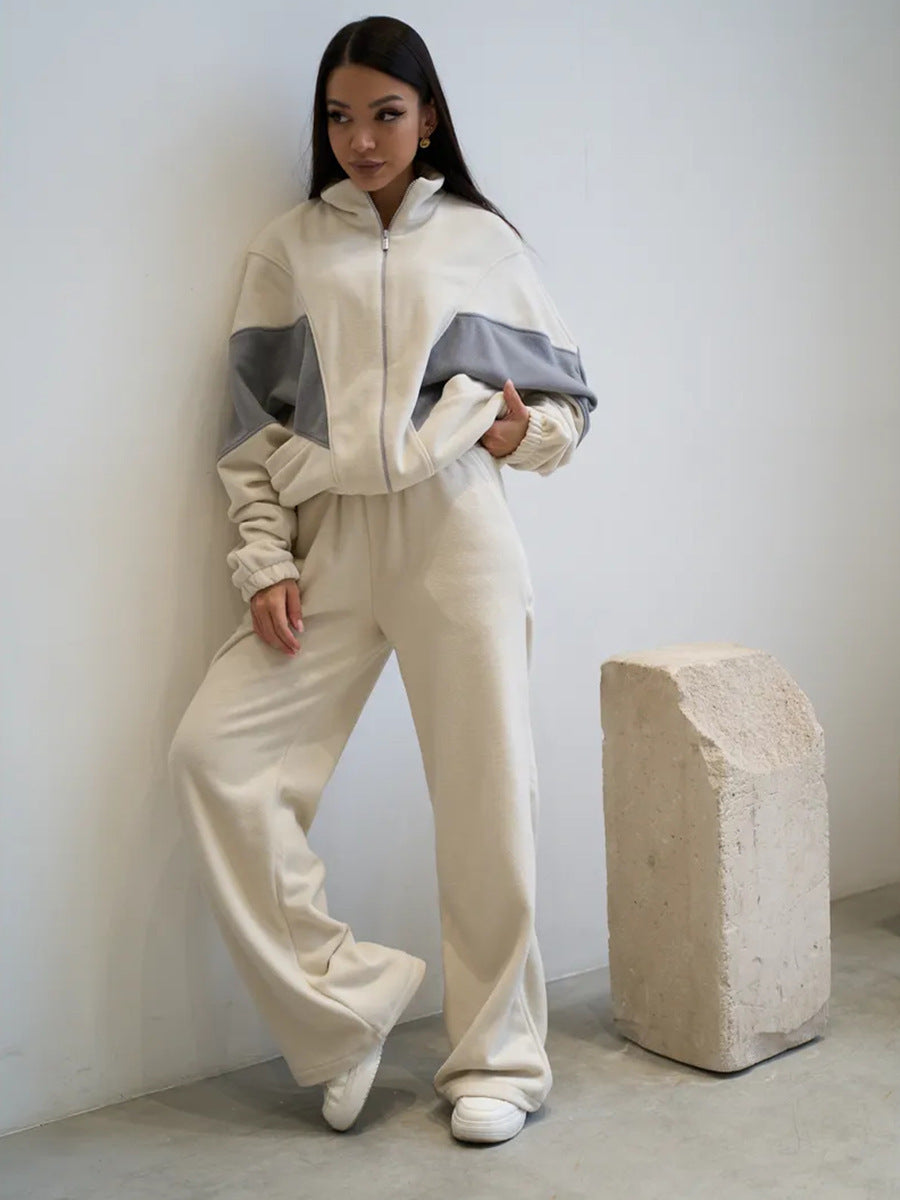 Damen oversized Reißverschluss-Fleecejacke mit Paneel-Details und weiter High-Waist-Loungehose Drune