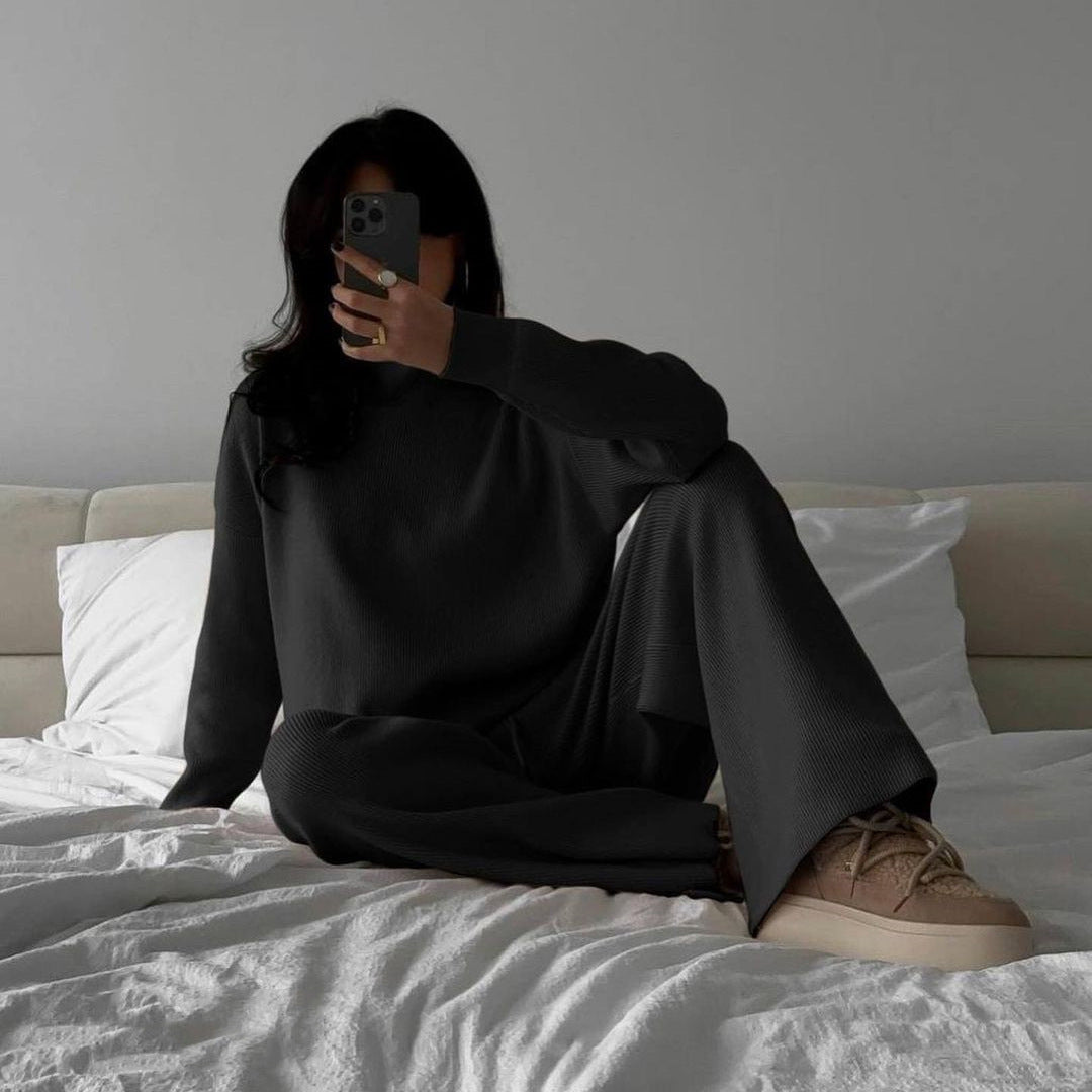 Damen Feiner Rippstrick-Loungewear-Set mit Stehkragen, Seitenschlitzen und hoher Taille Drune
