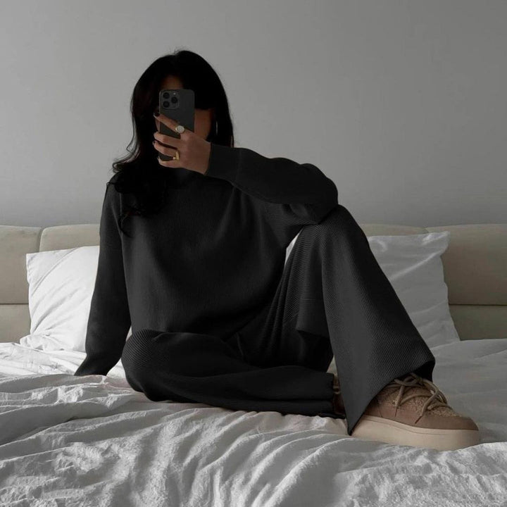 Damen Feiner Rippstrick-Loungewear-Set mit Stehkragen, Seitenschlitzen und hoher Taille Drune