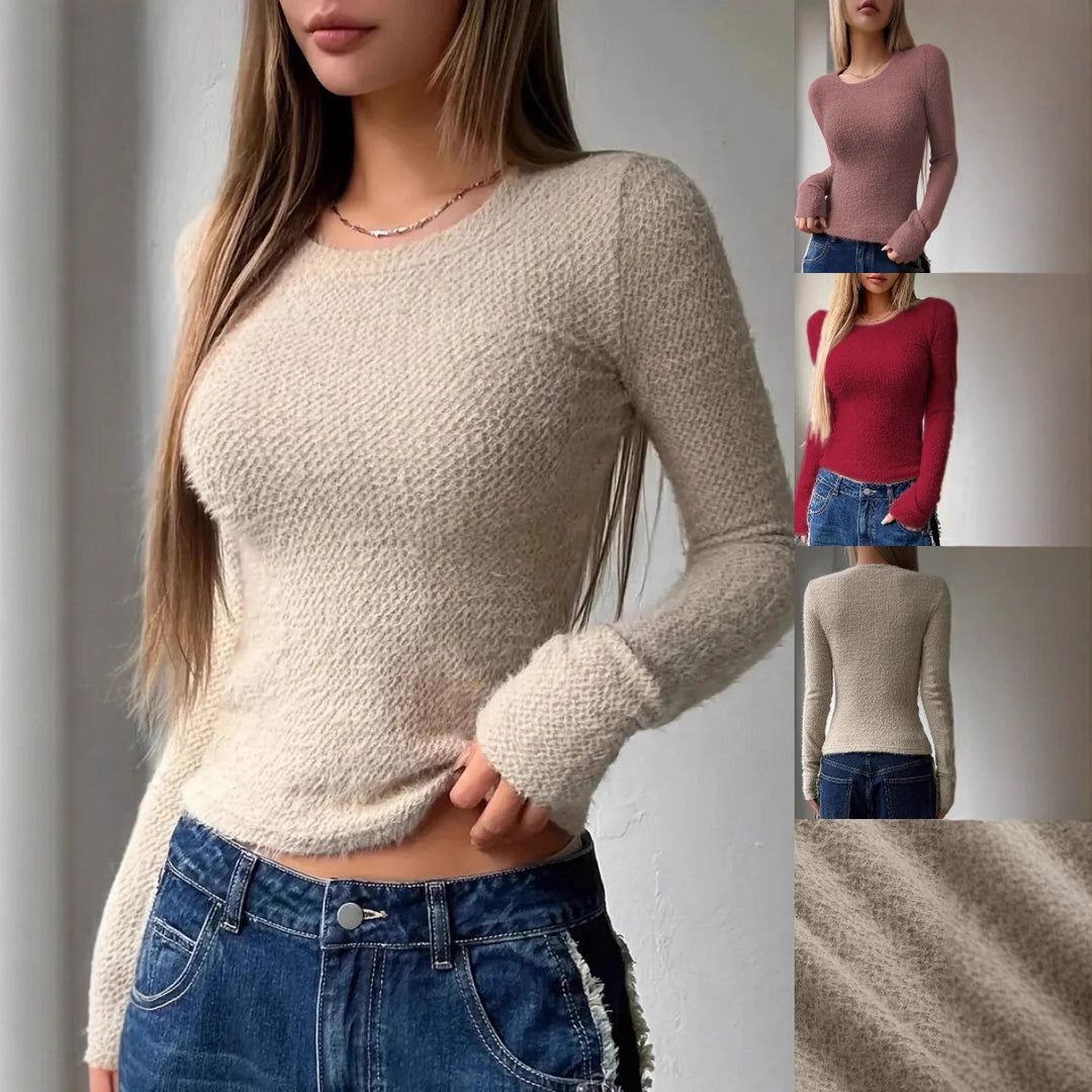 Damen Enganliegendes Flauschiges Feinstrick-Langarmshirt mit Rundhalsausschnitt Drune