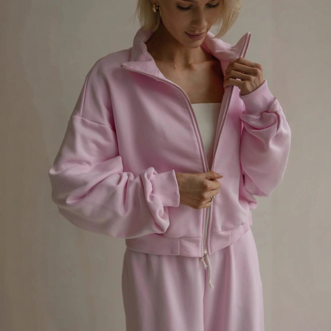 Damen lässiger Freizeitanzug mit cropped Jacke und bequemen Weitbeinen Drune
