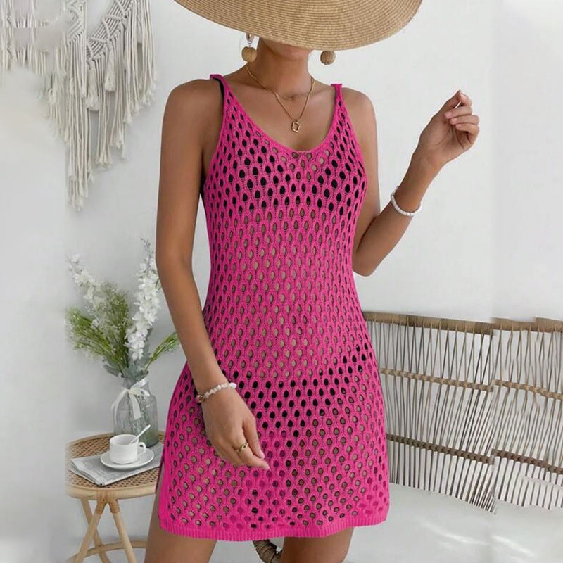 Damen gehäkeltes Strandkleid mit transparentem Netzdesign Drune