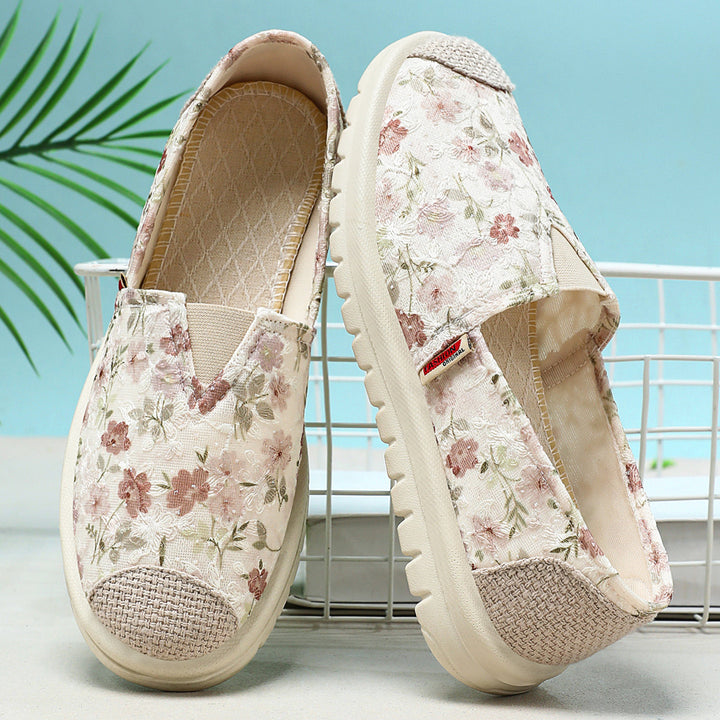 Damen nan floraler Slip-On Freizeit-Slipper mit gestrickter Zehenkappe und stoßdämpfender Leichtsohle Drune