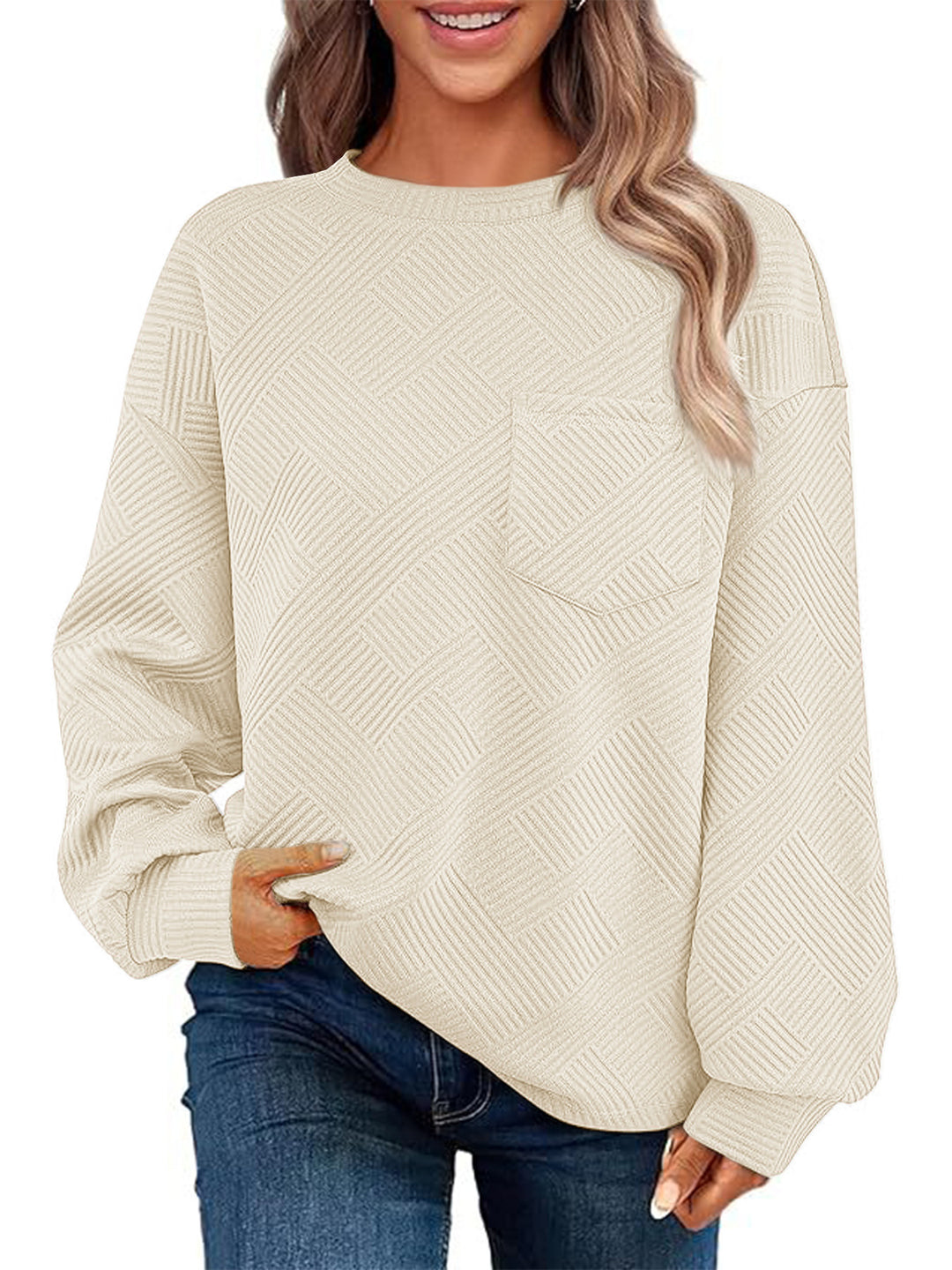 Damen Oversize Strukturstrick-Pullover mit Brusttasche Drune