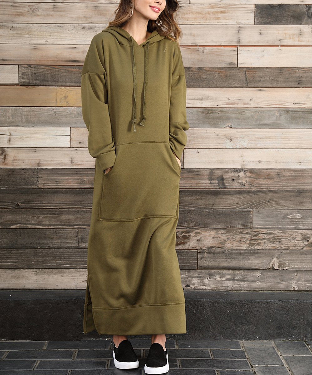 Damen nan langes Kapuzen-Sweatkleid mit Kängurutasche, Seitenschlitzen und lockerer Oversize-Passform Drune
