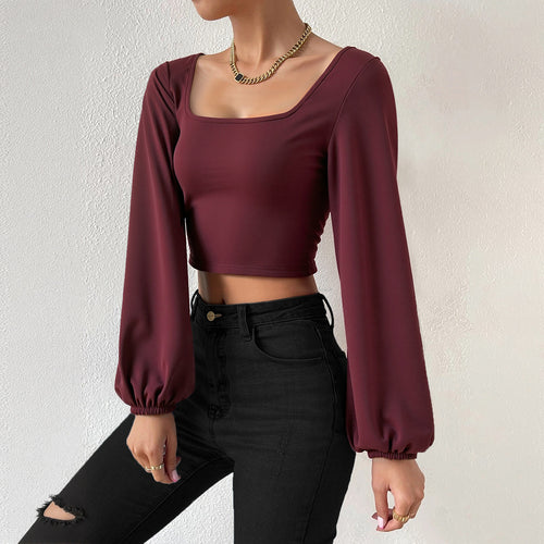 Damen formgebendes Cropped-Top mit quadratischem Ausschnitt und Ballonärmeln Drune