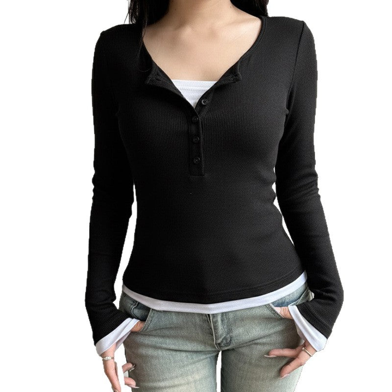 Damen nan tailliertes Henley-Crop-Longsleeve mit kontrastierenden Saum- und Ärmelbündchen Drune