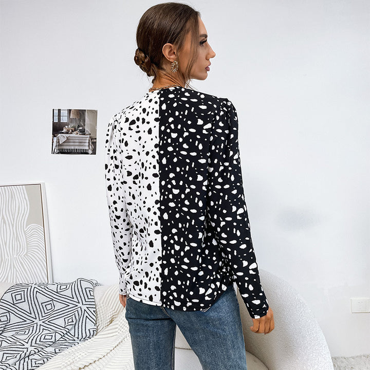 Damen Leichte Langarm-Bluse mit diagonaler Zweifarben-Optik und Tupfenmuster Drune