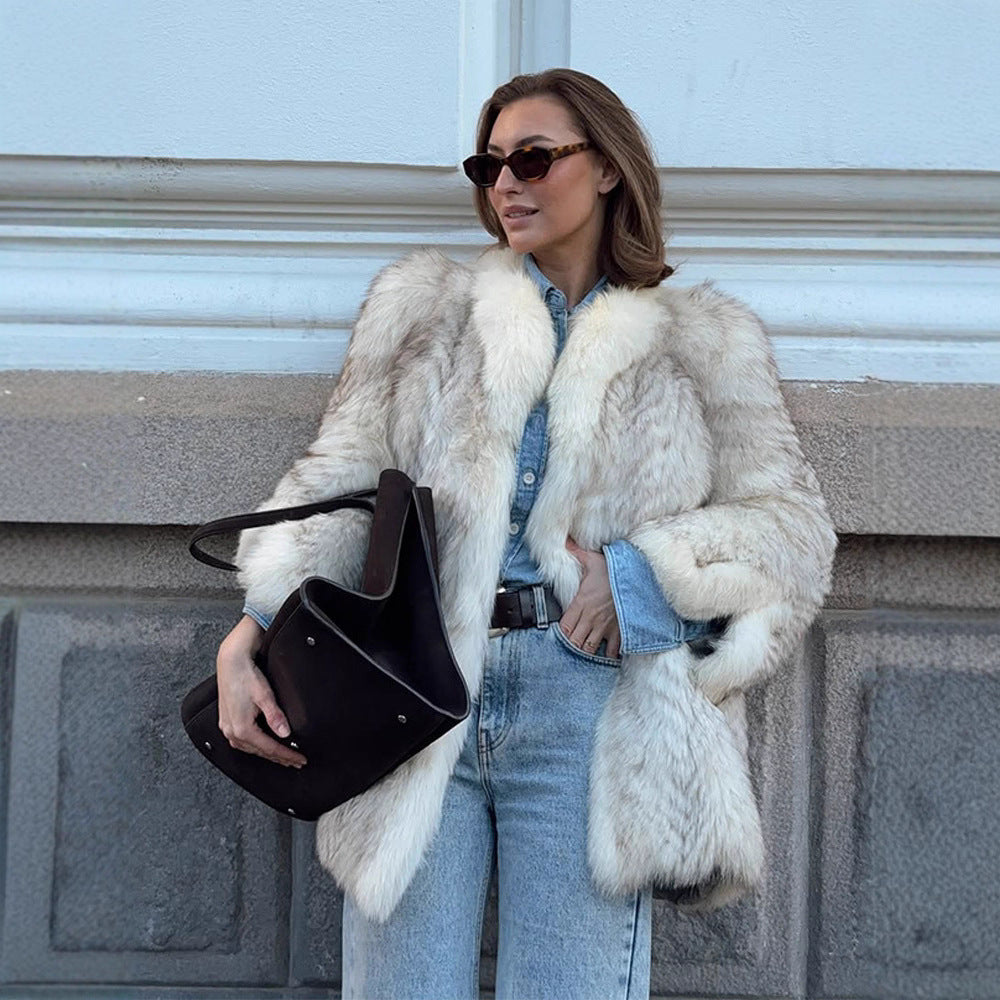 Damen Boxy-Kunstpelzjacke mit strukturierter Shag‑Optik und voluminösem Schalkragen Drune