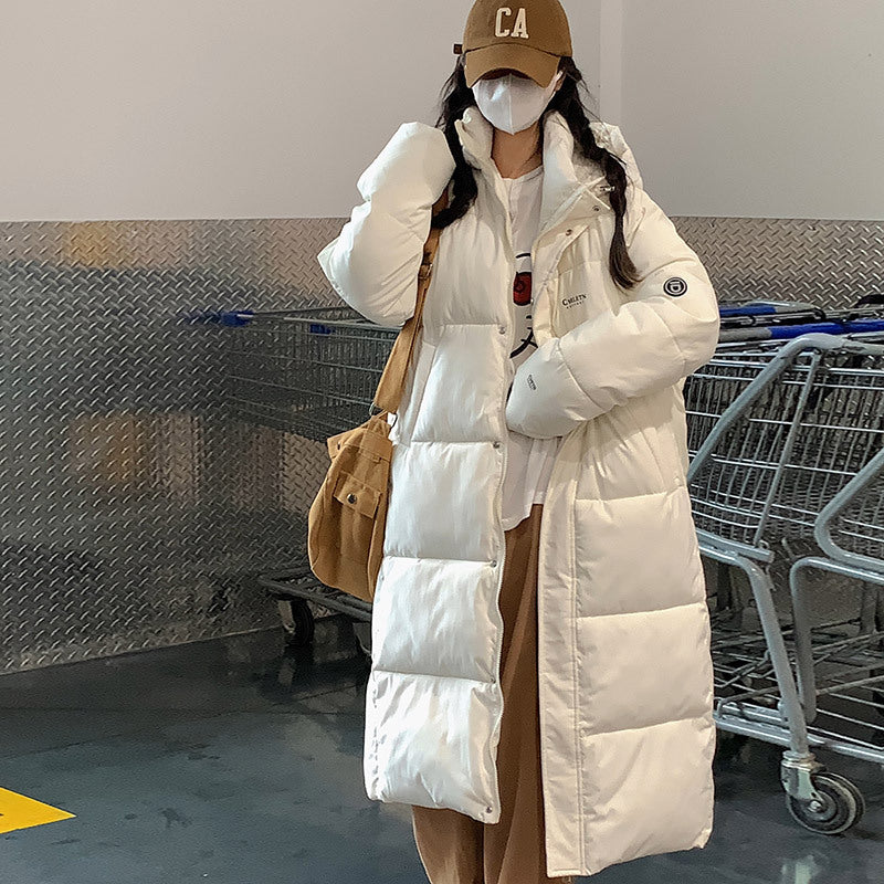 Damen Lange Steppjacke mit Kapuze und hohen Kragen Drune