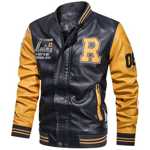 Herren Kunstleder-College-Bomberjacke mit kontrastierenden Ärmeln, Buchstabenpatch und Reißverschlusstaschen Drune