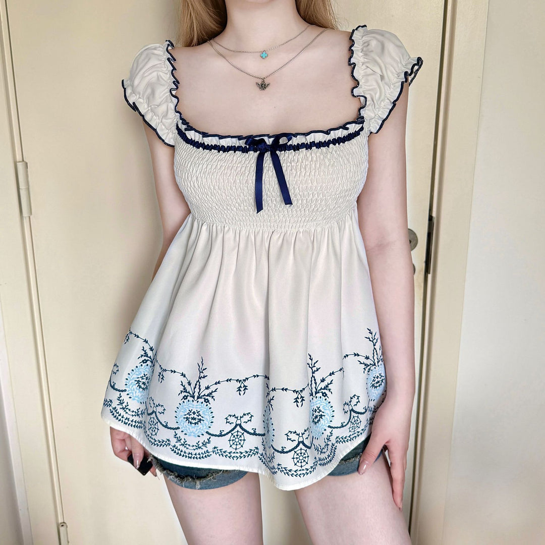 Damen Baumwollbluse mit floralem Stickdesign und schickem Rüschensaum Drune