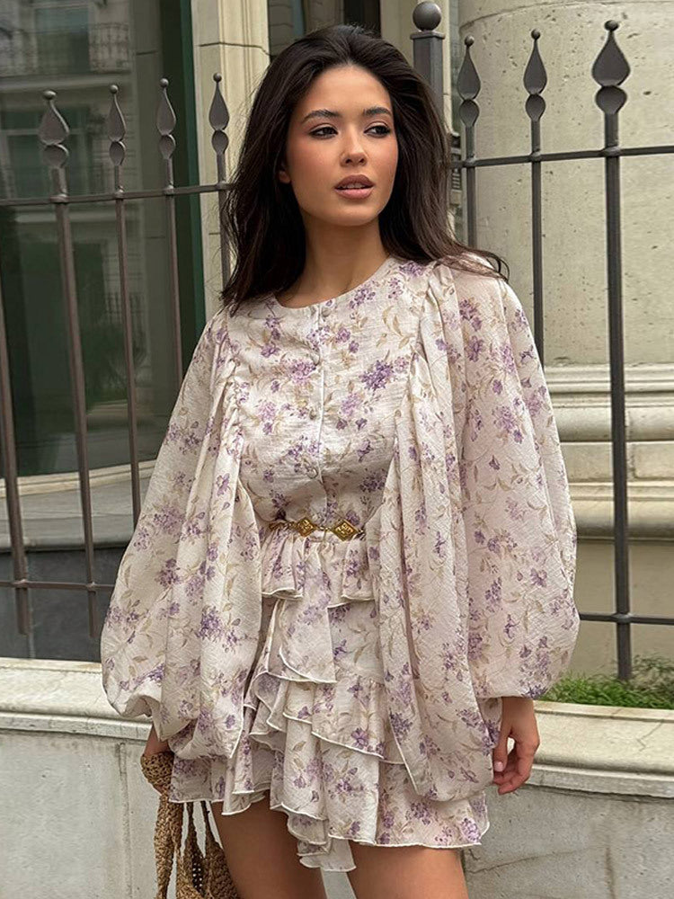 Damen Chiffon-Minikleid mit Volantstufen, Ballonärmeln und Ziergürtel Drune
