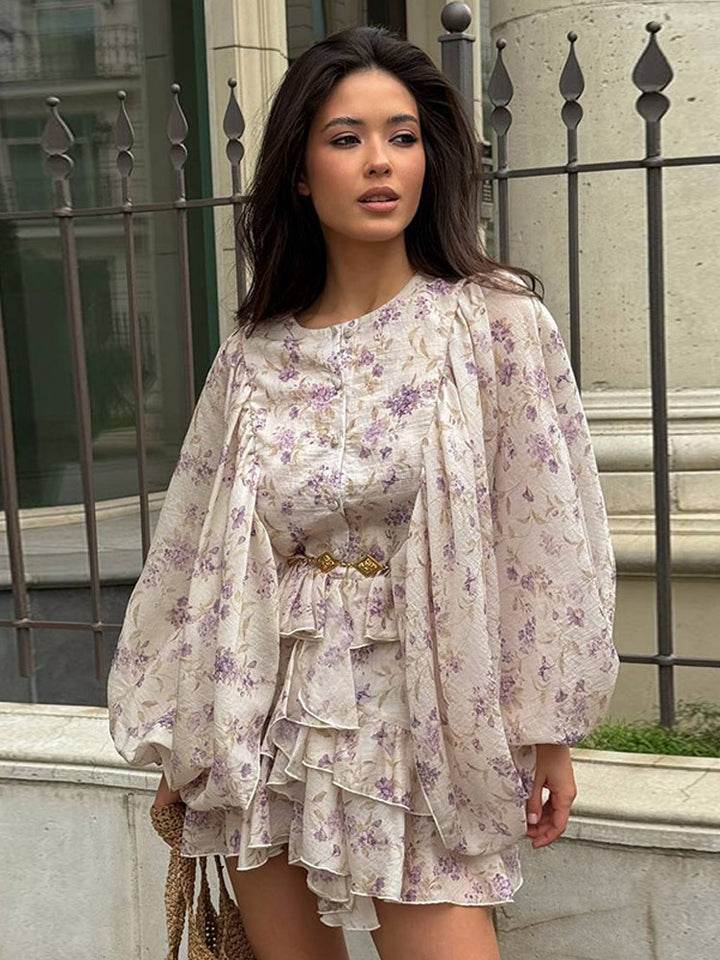 Damen Chiffon-Minikleid mit Volantstufen, Ballonärmeln und Ziergürtel Drune