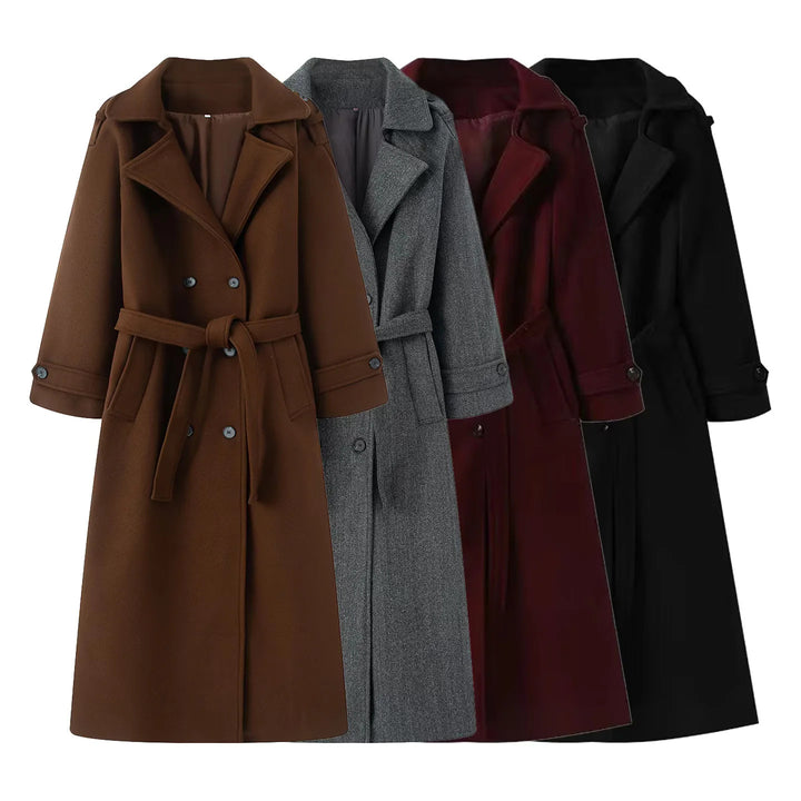 Damen nan langer Wollmix-Trenchcoat mit Schalkragen Taillengürtel und doppelreihiger Knopfleiste Drune
