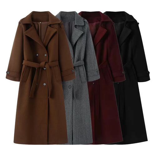 Damen nan langer Wollmix-Trenchcoat mit Schalkragen Taillengürtel und doppelreihiger Knopfleiste Drune