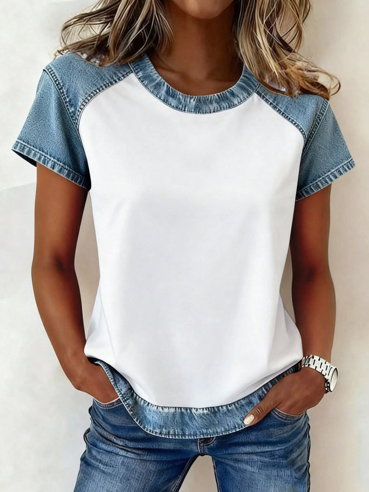 Damen Kurzarmshirt mit Jeans-Einsätzen und Teddy-Patchprint Drune