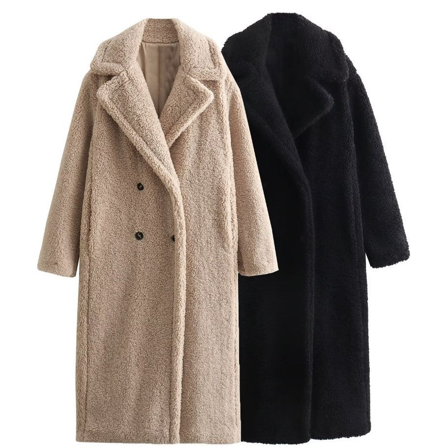 Damen 900+ langer Teddy‑Mantel im Oversize‑Cut mit Doppelreihe, Reverskragen und wärmender Innenfutter Drune