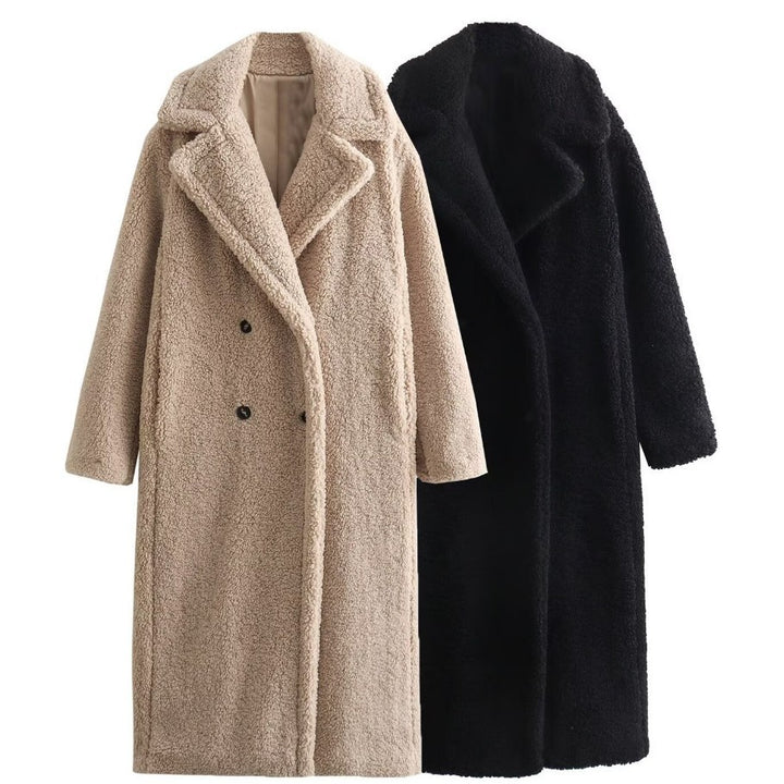 Damen 900+ langer Teddy‑Mantel im Oversize‑Cut mit Doppelreihe, Reverskragen und wärmender Innenfutter Drune