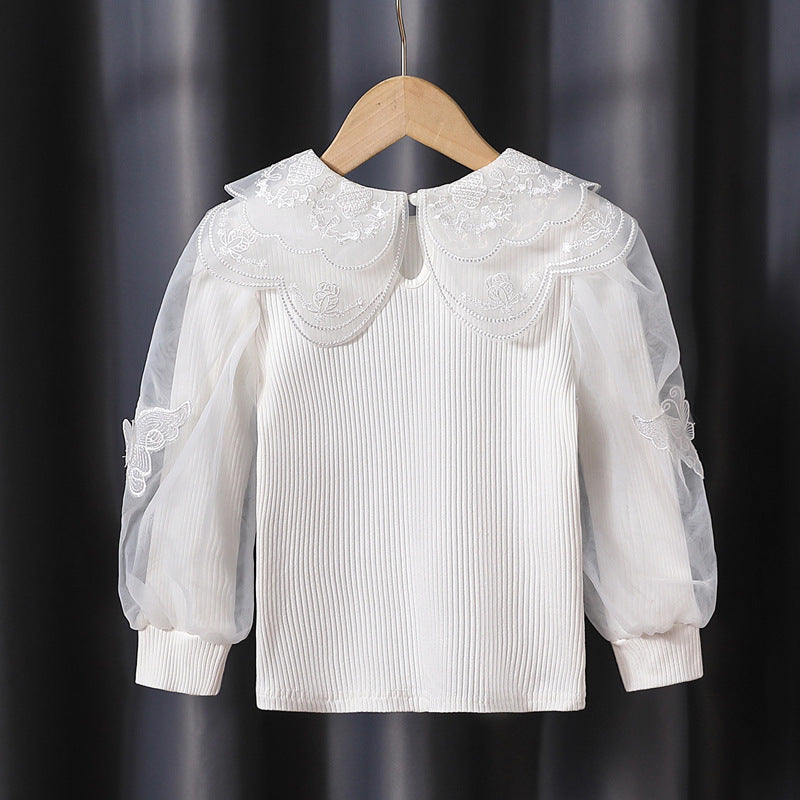 Mädchen modische Bluse mit eleganten Tüllärmeln und kunstvoller Spitzenverzierung Drune