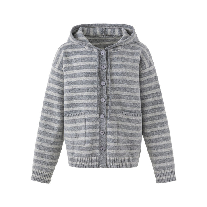 Damen Gestreifte Strickjacke mit Kapuze, durchgehender Knopfleiste und aufgesetzten Taschen Drune