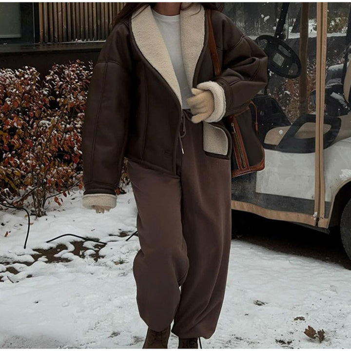 Damen modische Kunstlederjacke mit weich gefüttertem Kragen Drune