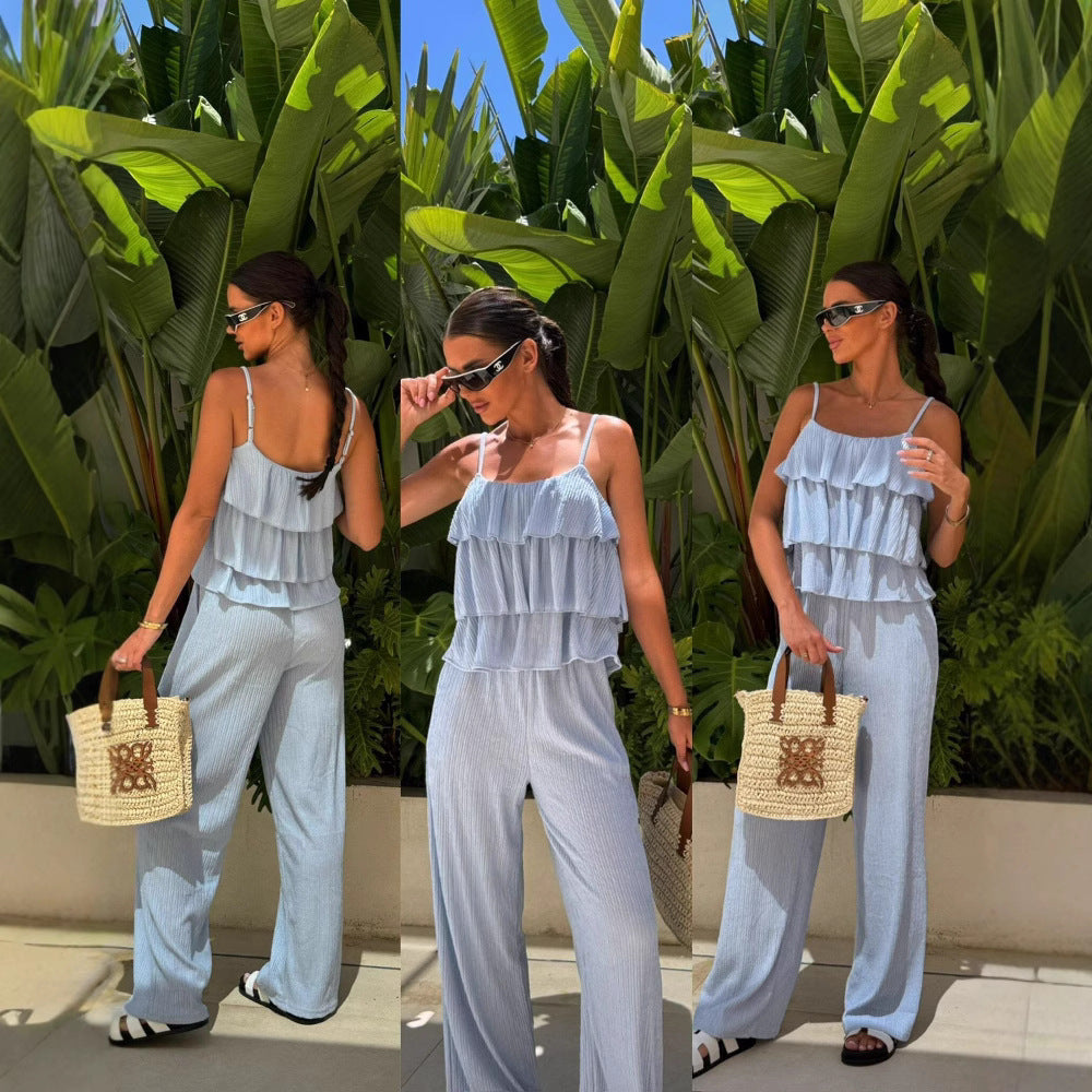 Damen Plissee-Volant-Cropped-Top mit Spaghettiträgern und weitem High-Waist-Hose-Set Drune