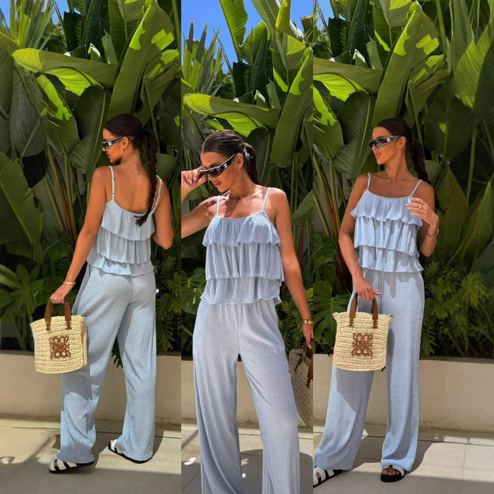 Damen Plissee-Volant-Cropped-Top mit Spaghettiträgern und weitem High-Waist-Hose-Set Drune