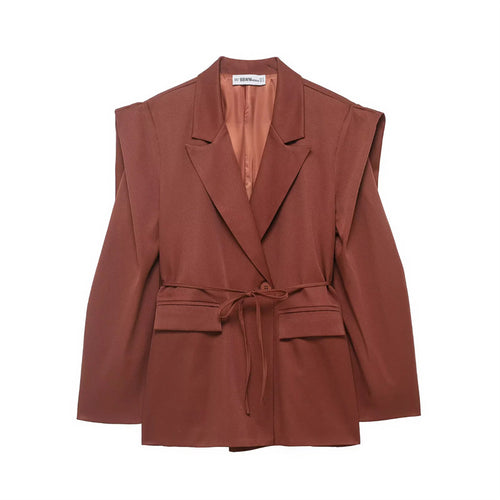 Damen nan taillierter Blazer mit markanten Schulterpolstern, Bindegürtel und Pattentaschen Drune