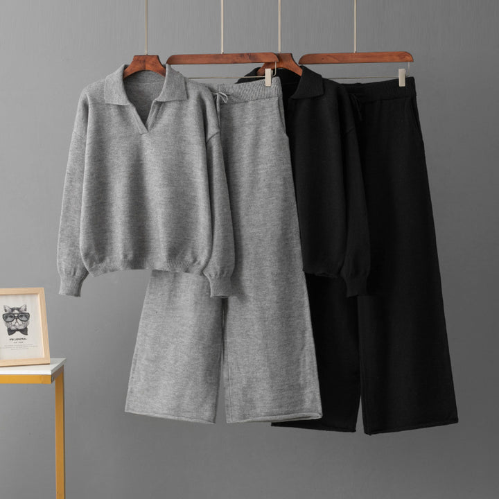 Damen bequeme Strickjacke mit weitem Schnitt und passenden Hosen Drune