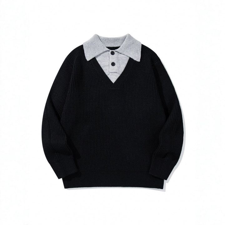 Unisex Grobstrick-Kastenpullover mit V-Ausschnitt und kontrastierendem Polo-Knopfkragen Drune