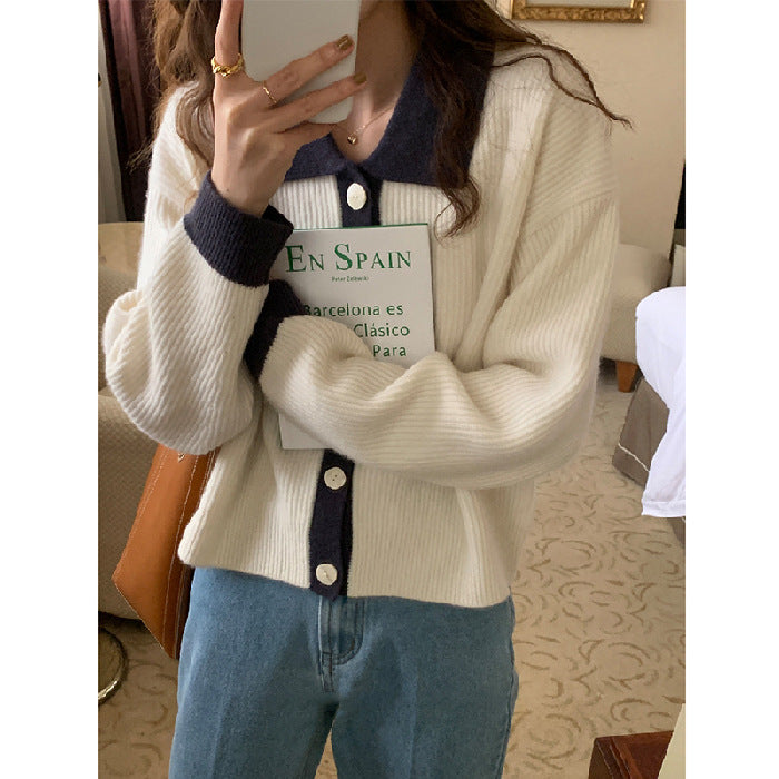 Damen gemusterter Strickjacke mit schickem Kragen und dekorativen Knöpfen Drune