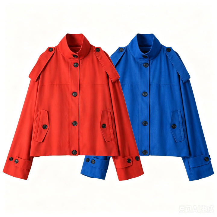 Damen Kurzer Trenchcoat mit Stehkragen und Schulterklappen Drune