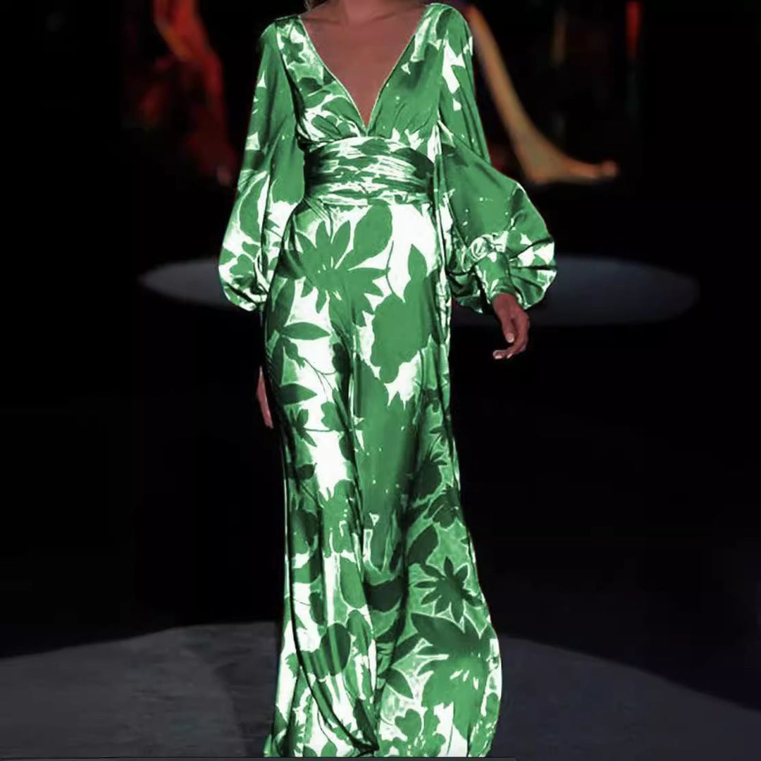 Damen Maxikleid mit tiefem V-Ausschnitt und voluminösen Ärmeln Drune