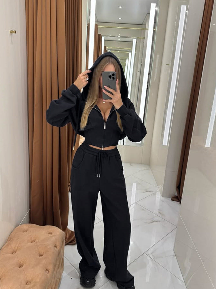 Damen tailliertes Kurzzip-Hoodie mit Statement-Ärmeln und weiter High-Waist Palazzo-Hose Drune
