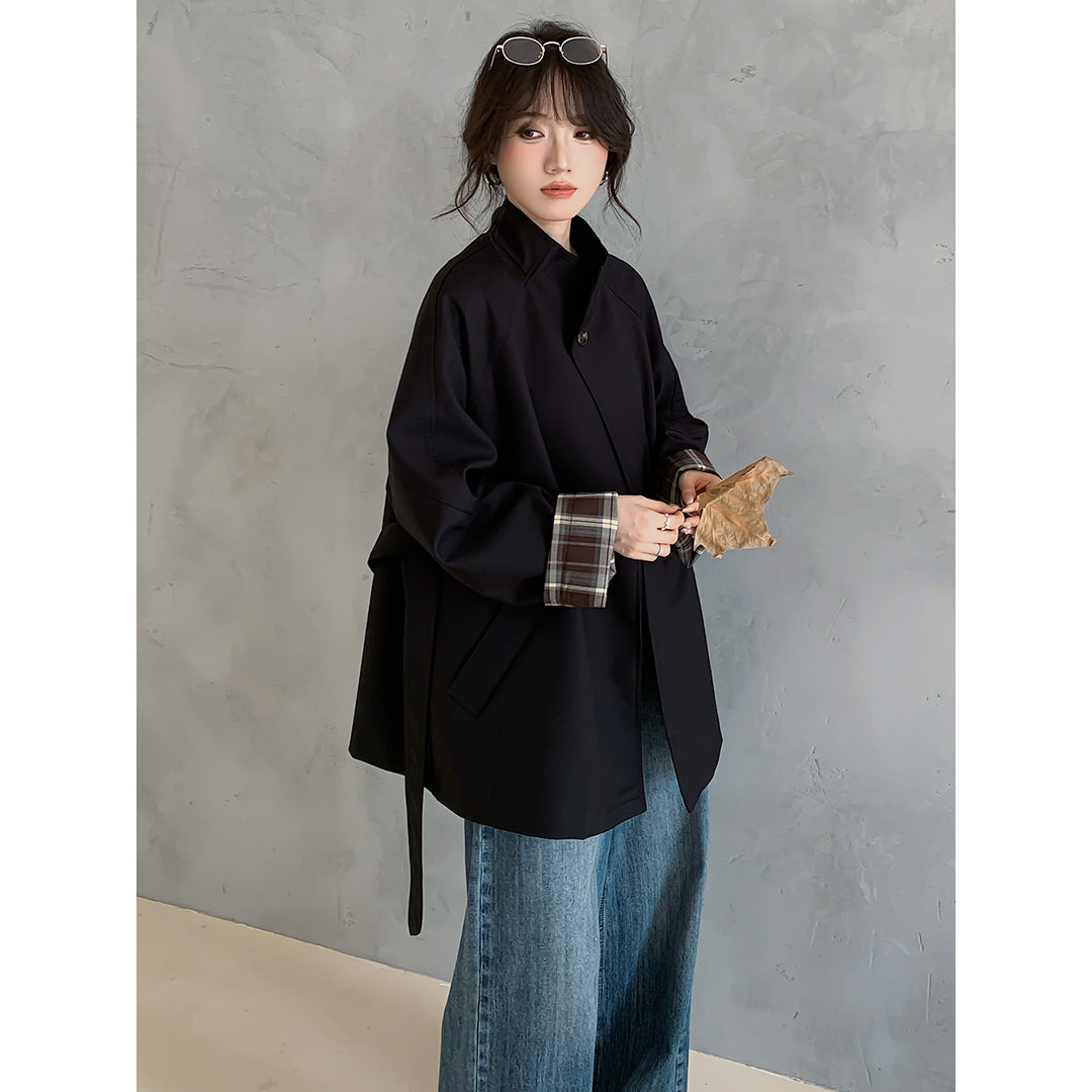 Damen Oversize Trenchcoat mit Taillengürtel und karierter Ärmelaufschlag Drune