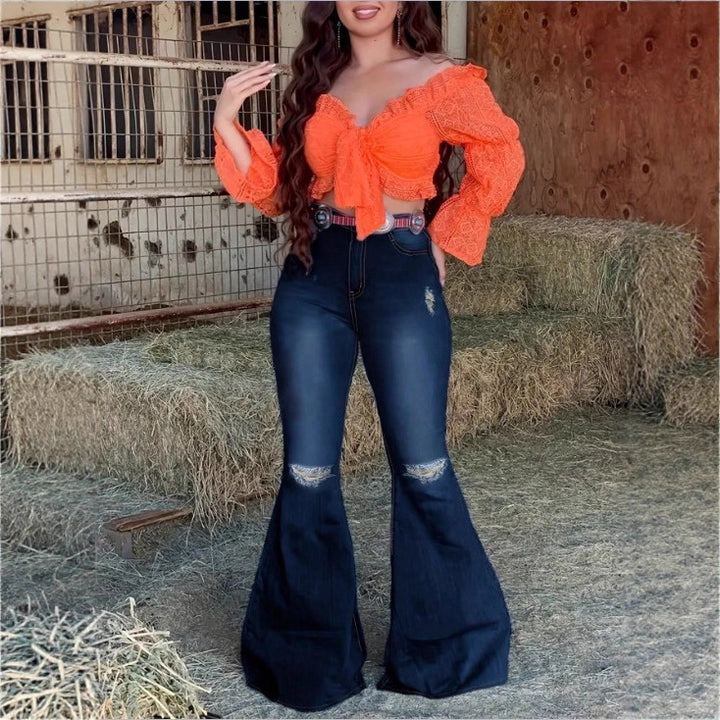 Damen Hochtaillierte Schlaghose-Jeans mit ausgestelltem Bein, Knie-Rissen und figurformendem Stretchbund Drune