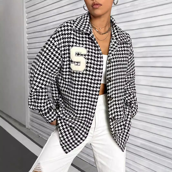 Damen Oversized Hemdbluse im Hahnentritt-Design mit Patch Drune