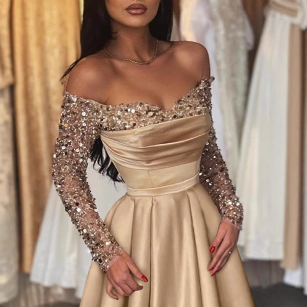 Damen Elegantes Ballkleid mit schimmerndem Oberteil und langen, bestickten Ärmeln Drune