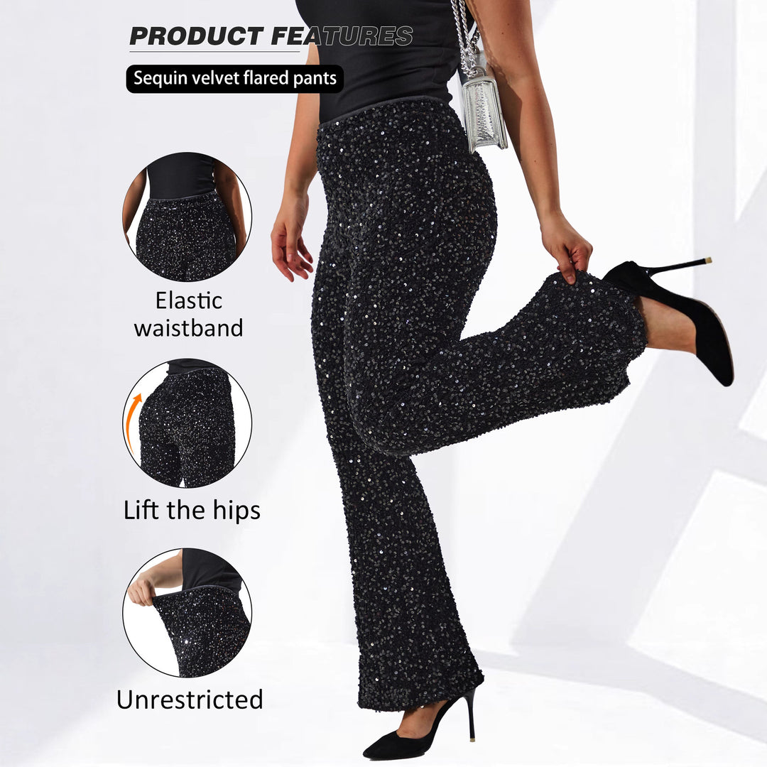Damen Glamouröse Pailletten-Flared-Hose mit hohem Bund und Stretch Drune