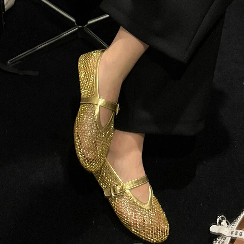 Damen Ballerinas mit goldenem Netzdesign und modischem Riemchen Drune
