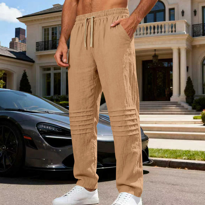 Herren Leinenoptik-Loungehose mit Tunnelzug elastischem Bund und abgesteppten Kniepanelen Drune